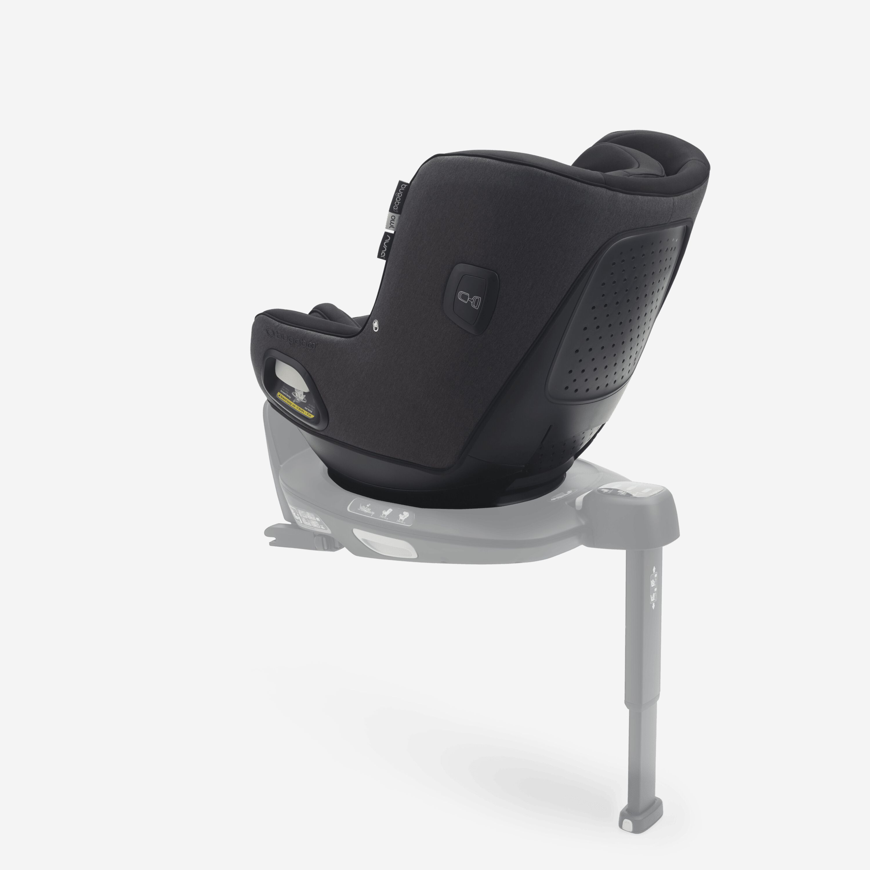 Back view of Bugaboo Owl by Nuna car seat in black fabrics on the 360 ISOFIX Base, with stability leg extended. - Main Modal Image Slide 2 of 8