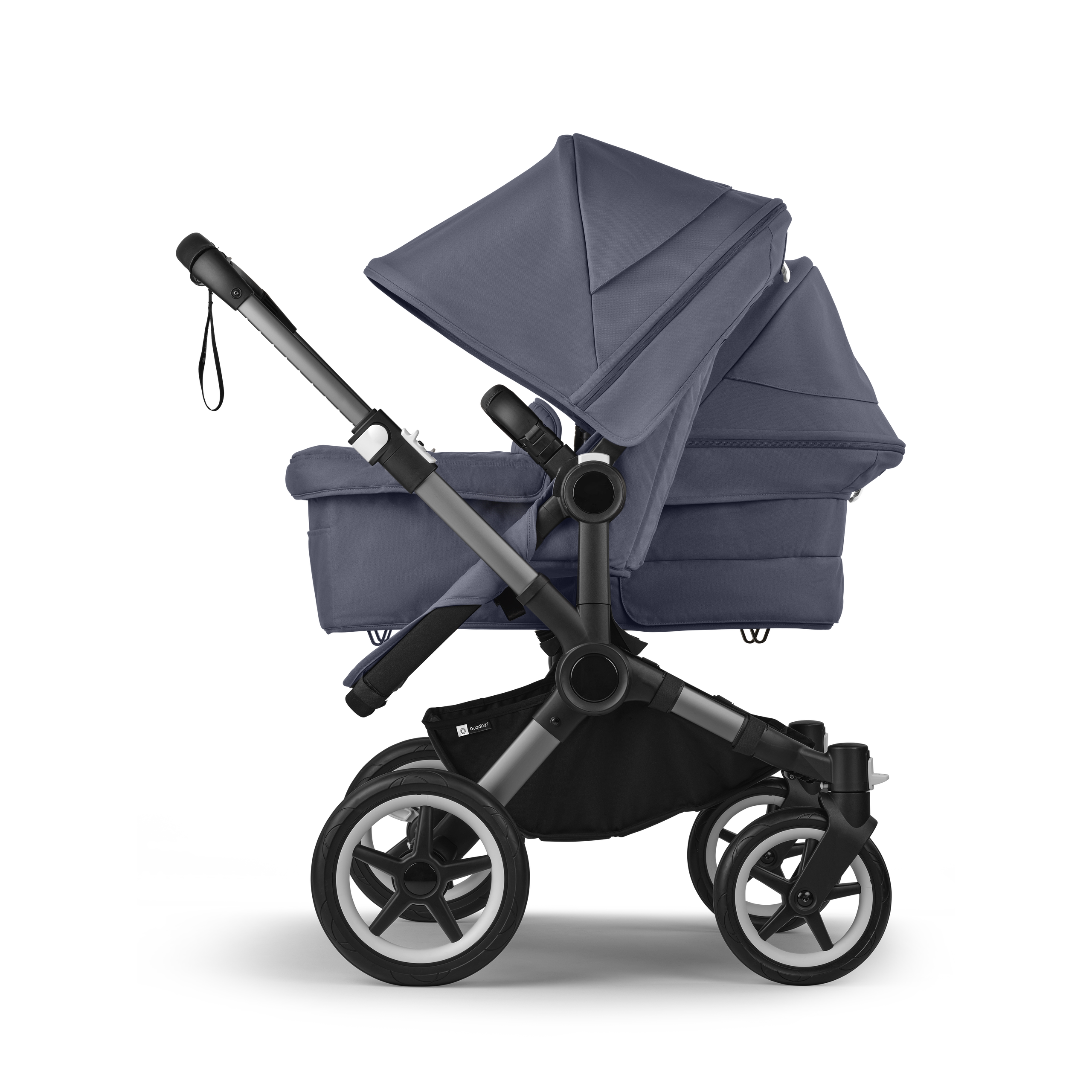 Bugaboo Donkey 5 Duo double stroller graphite base, stormy blue fabrics, stormy blue sun canopy - Thumbnail Slide 2 of 11