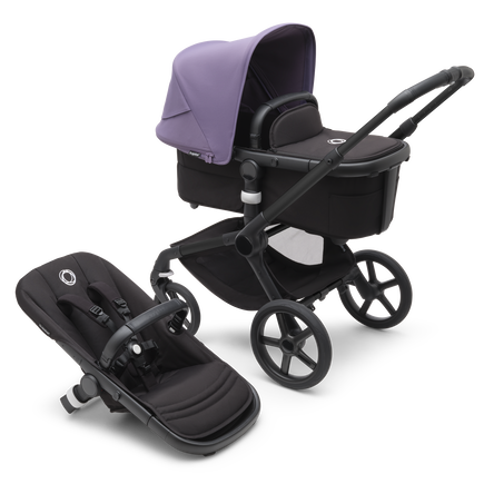 Bugaboo Fox 5 carrycot and seat pushchair with black chassis, midnight black fabrics and astro purple sun canopy.
