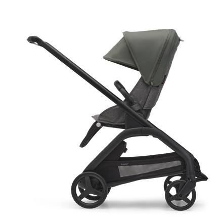 Side view of the Bugaboo Dragonfly seat stroller with black chassis, grey melange fabrics and forest green sun canopy.