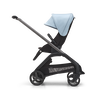 Side view of the Bugaboo Dragonfly seat pram with graphite chassis, midnight black fabrics and skyline blue sun canopy.