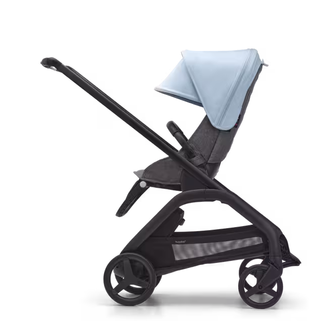 Side view of the Bugaboo Dragonfly seat stroller with black chassis, grey melange fabrics and skyline blue sun canopy. - Main Image Slide 2 of 16