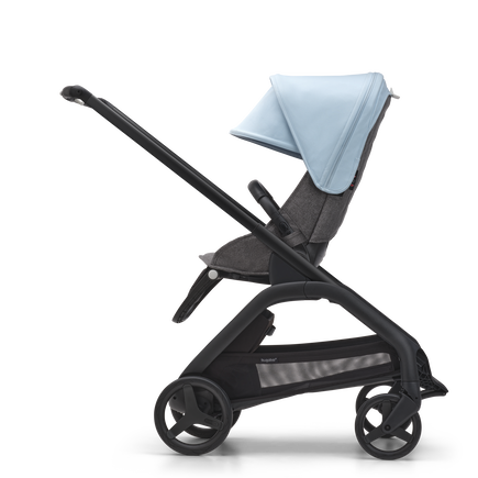 Side view of the Bugaboo Dragonfly seat stroller with black chassis, grey melange fabrics and skyline blue sun canopy.