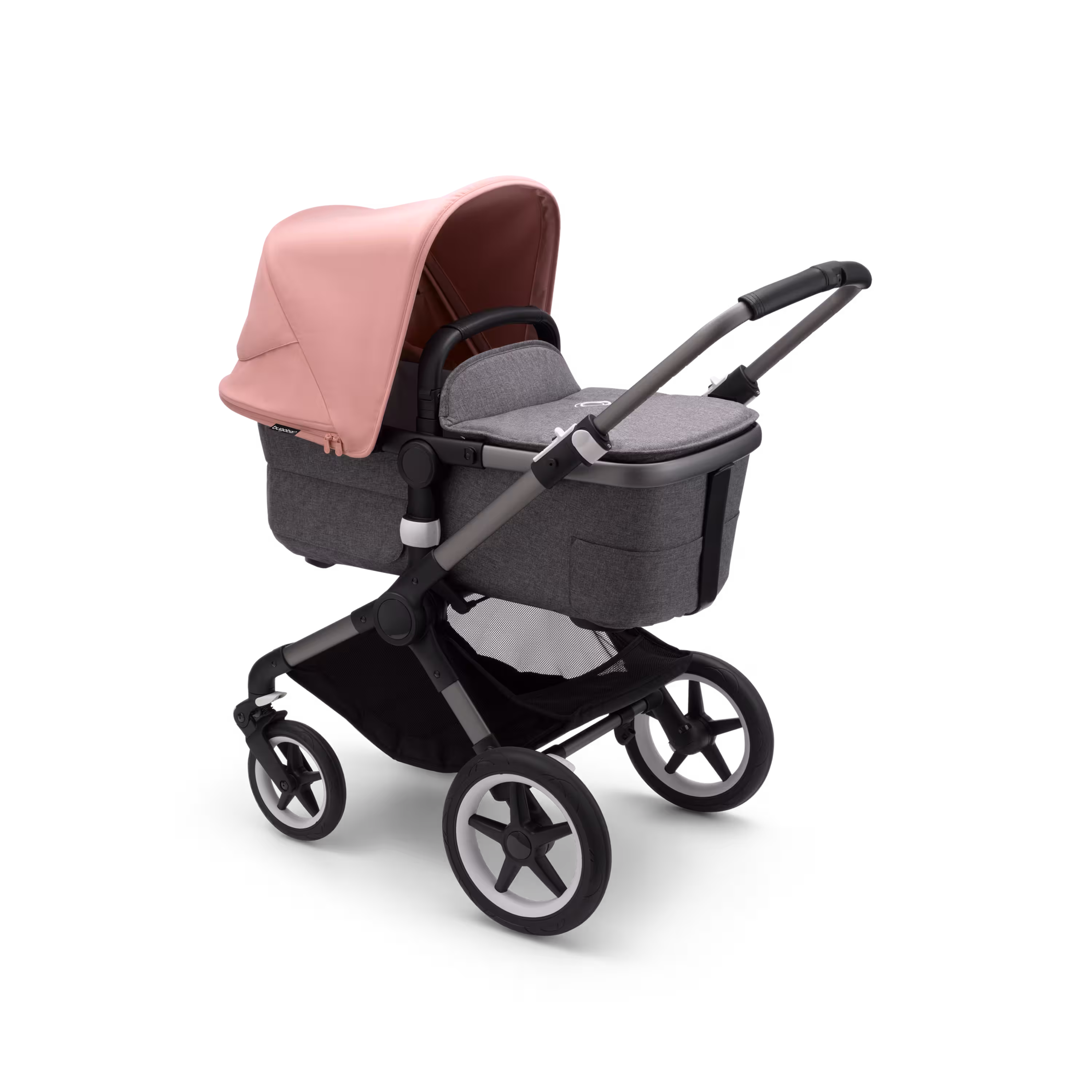 Bugaboo Fox 3 bassinet stroller with graphite frame, grey fabrics, and pink sun canopy. - Main Modal Image Slide 2 of 7