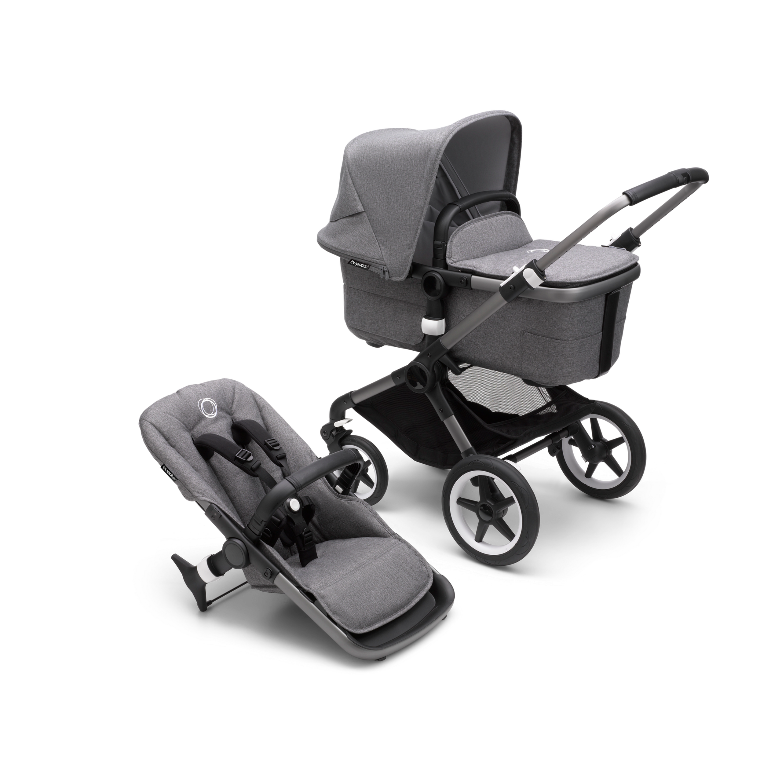 Bugaboo Fox 3 carrycot and seat pushchair with graphite frame, grey fabrics, and grey sun canopy. - Thumbnail Slide 1 of 7