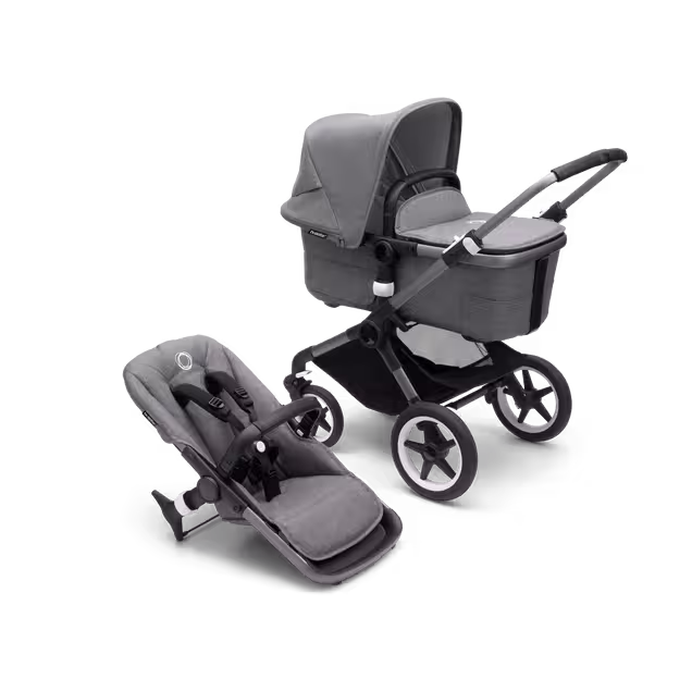Bugaboo Fox 3 carrycot and seat pushchair with graphite frame, grey fabrics, and grey sun canopy. - Main Image Slide 1 of 7