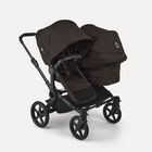 Bugaboo Donkey 6 double stroller black base, cocoa brown fabrics, cocoa brown sun canopy