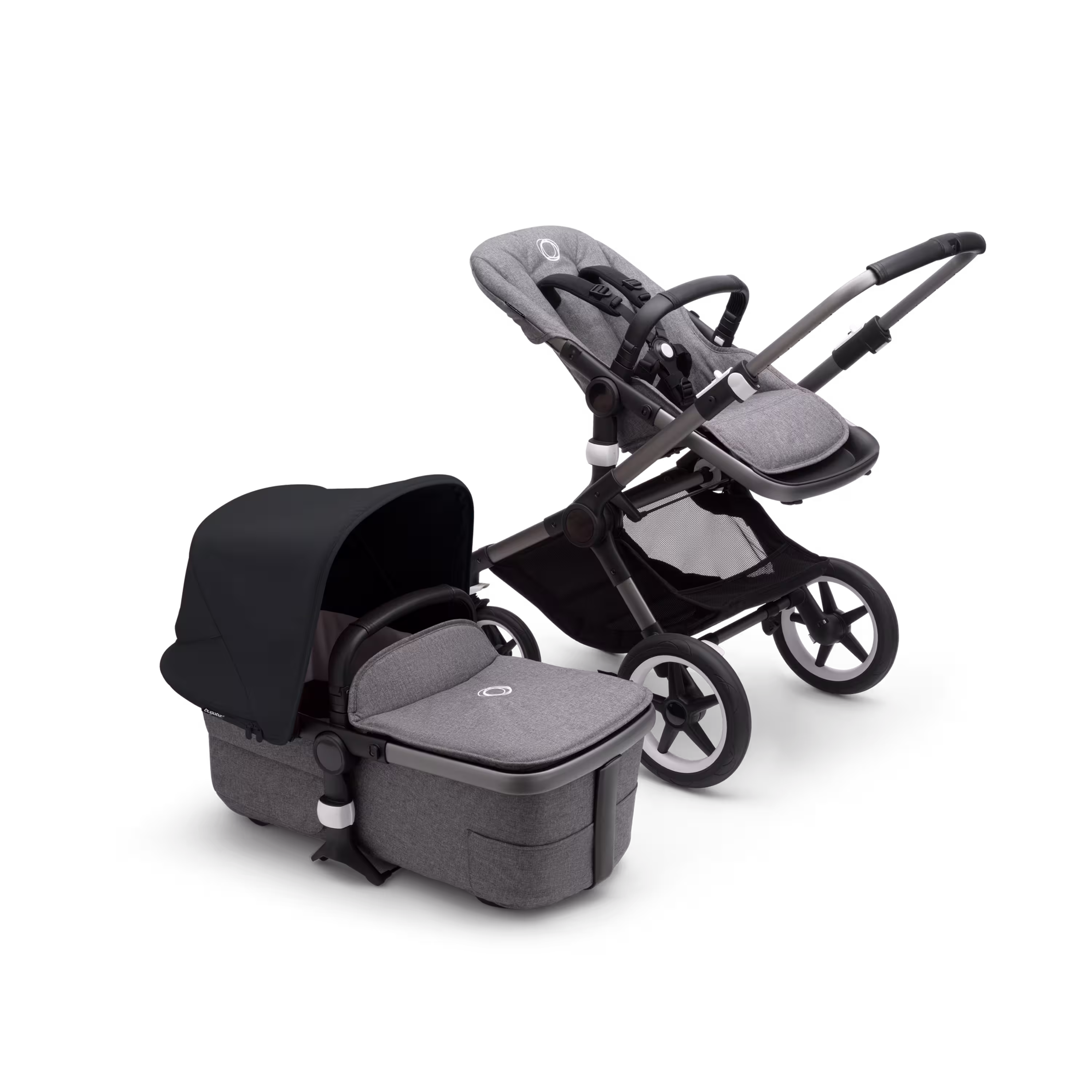 Bugaboo Fox 3 bassinet and seat stroller with graphite frame, grey melange fabrics, and black sun canopy. - Main Modal Image Slide 5 of 7