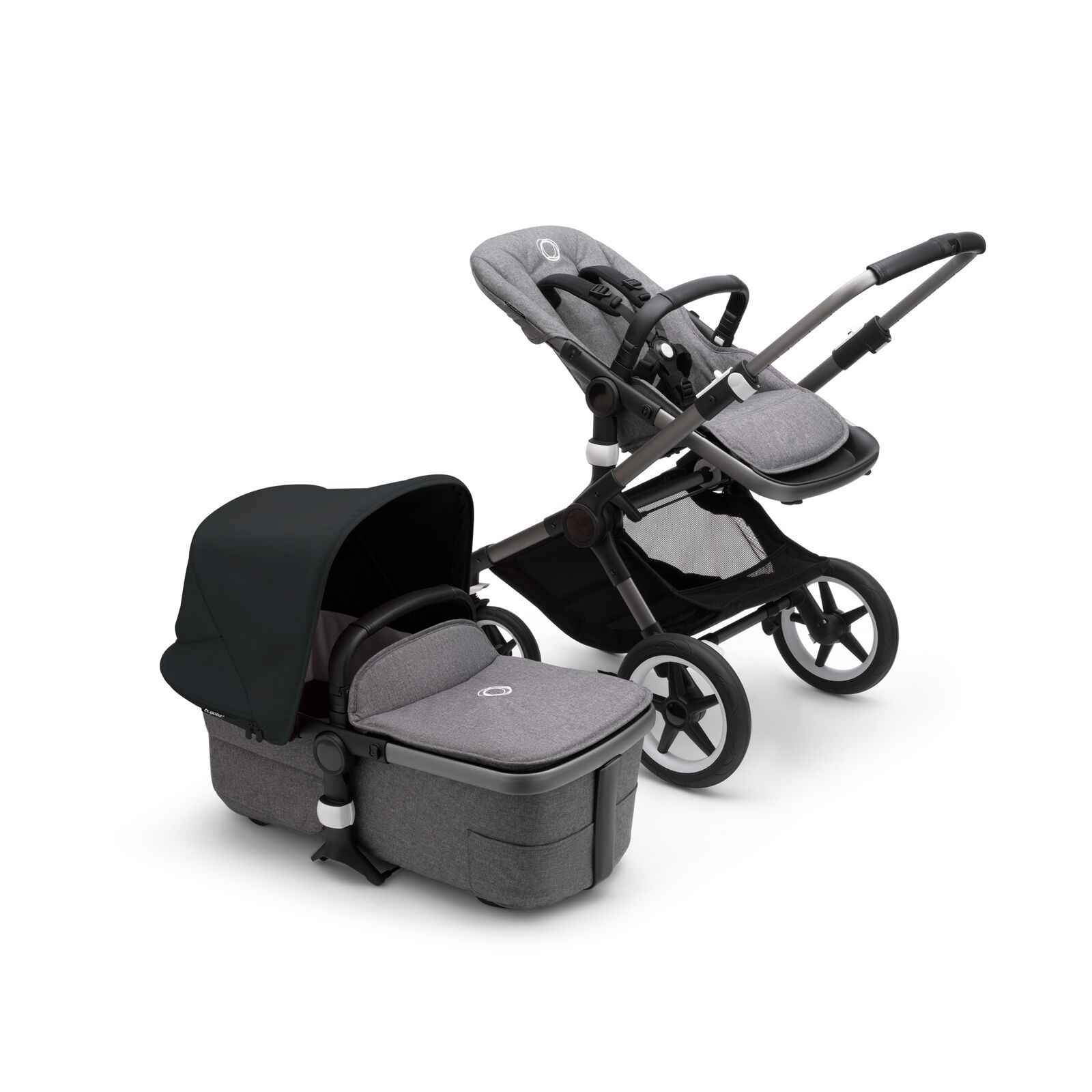 Bugaboo Fox 3 bassinet and seat stroller with graphite frame, grey melange fabrics, and black sun canopy.