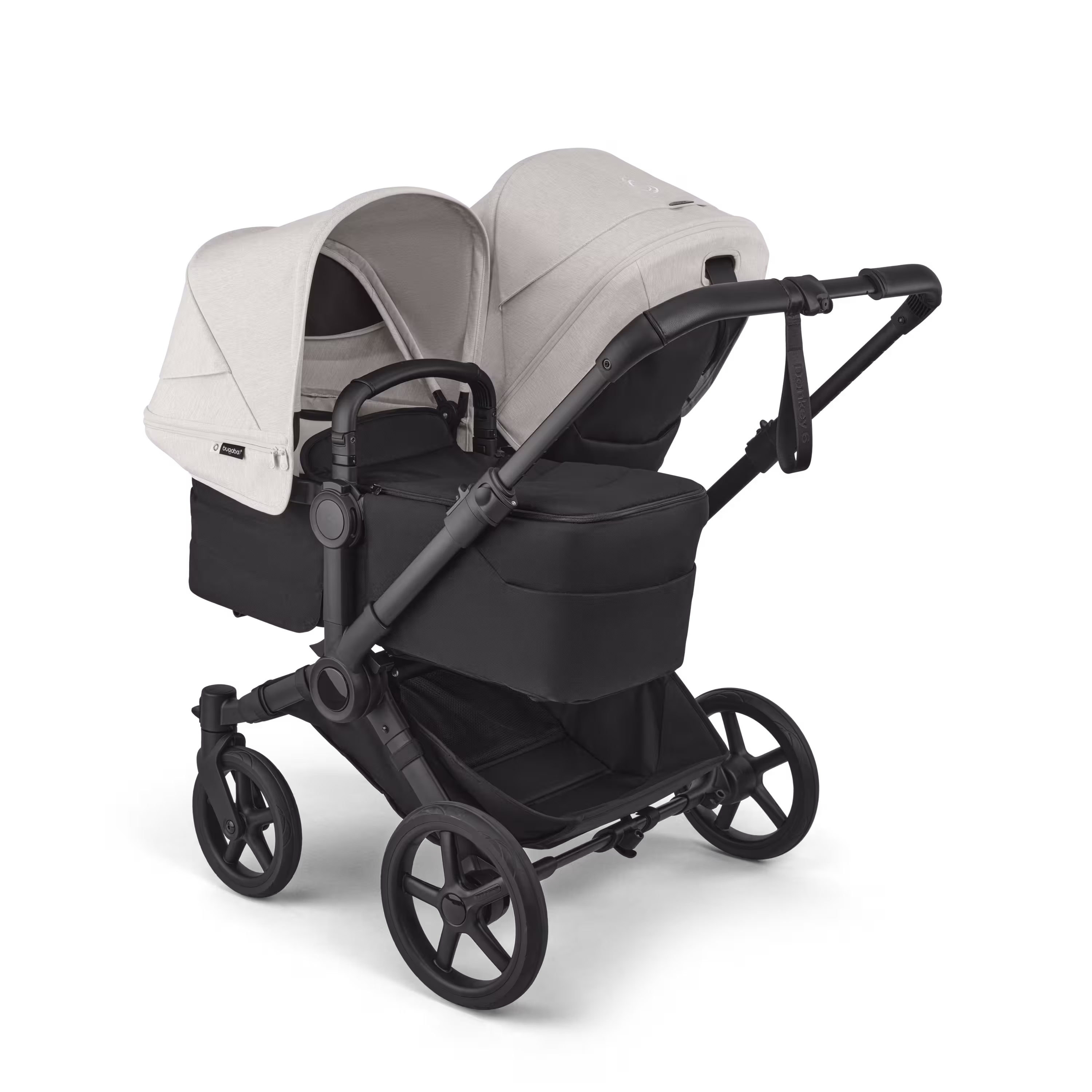 Bugaboo Donkey 6 double stroller black base, heritage black fabrics, misty white sun canopy view 2 - Main Modal Image Slide 2 of 10