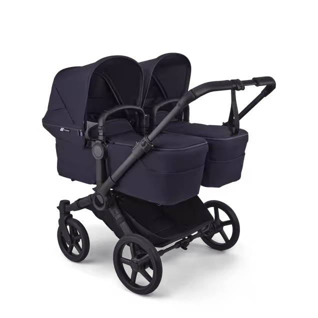 Bugaboo Donkey 6 twin pushchair black base, deep indigo fabrics, deep indigo sun canopy - Main Image Slide 1 of 9