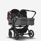 Bugaboo Donkey 5 twin stroller black base, grey mélange fabrics, animal explorer pink/red sun canopy