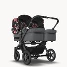 Bugaboo Donkey 5 twin stroller black base, grey mélange fabrics, animal explorer pink/red sun canopy