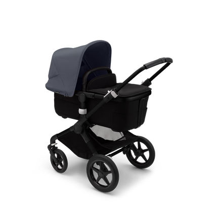 Bugaboo Fox 3 bassinet stroller with black frame, black fabrics, and stormy blue sun canopy.