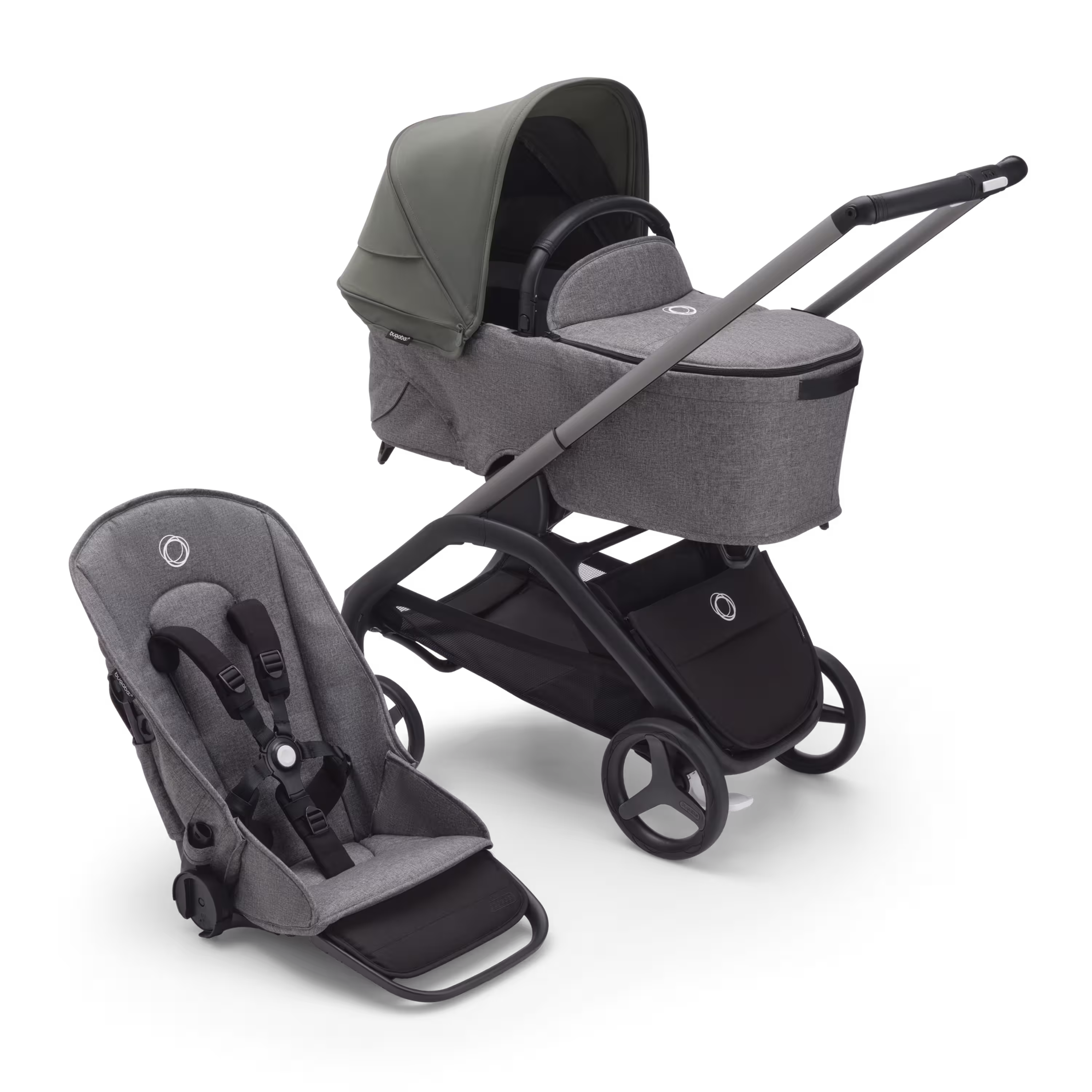 Refurbished Bugaboo Dragonfly bassinet and seat stroller graphite base, grey melange fabrics, forest green sun canopy - Main Modal Image Slide 1 of 11