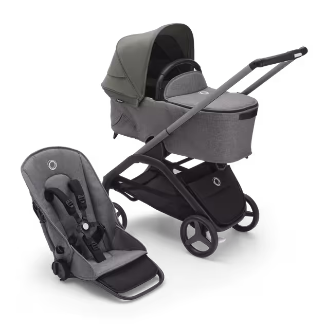 Refurbished Bugaboo Dragonfly bassinet and seat stroller graphite base, grey melange fabrics, forest green sun canopy - Main Image Slide 1 of 11