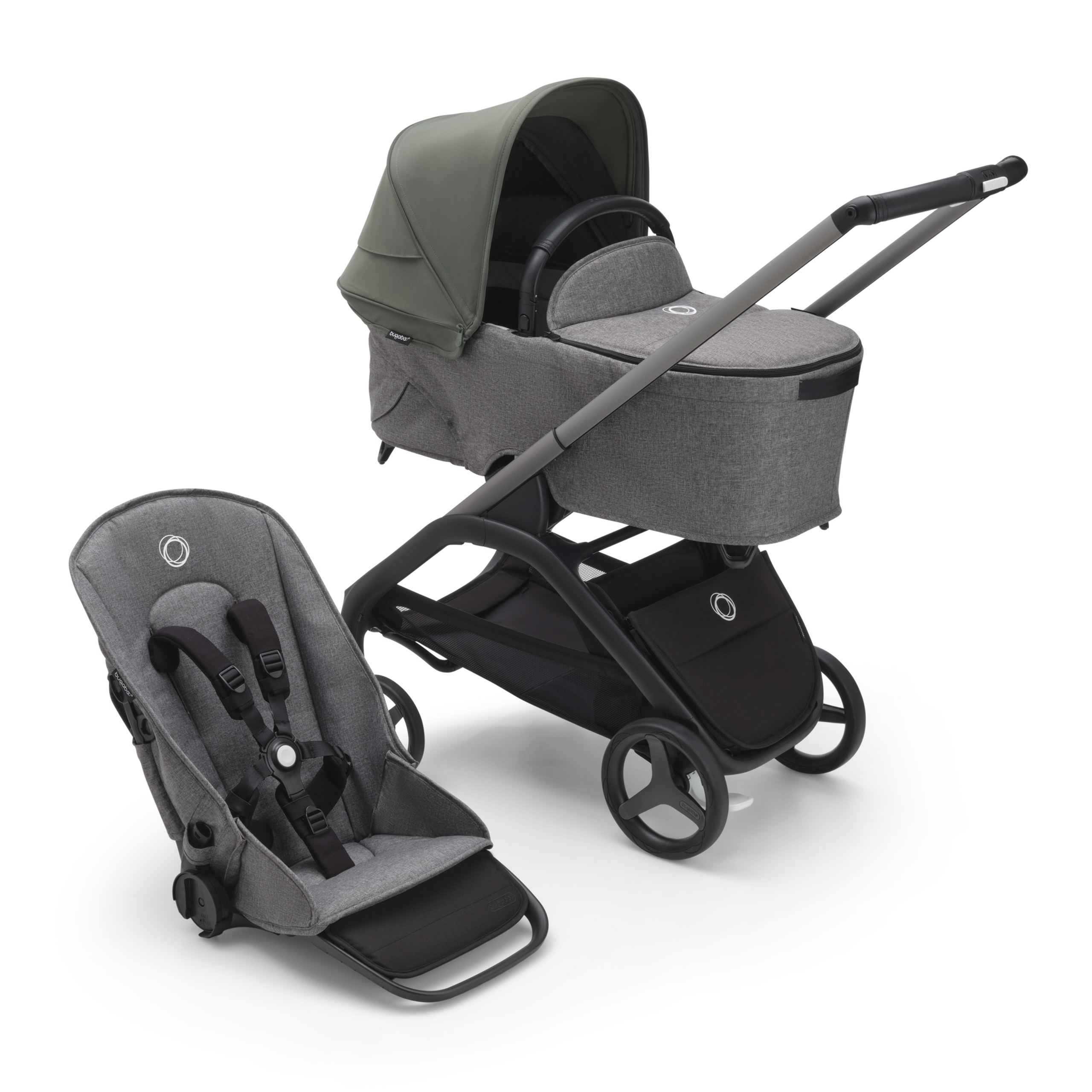 Refurbished Bugaboo Dragonfly bassinet and seat stroller graphite base, grey melange fabrics, forest green sun canopy - Thumbnail Slide 1 of 11