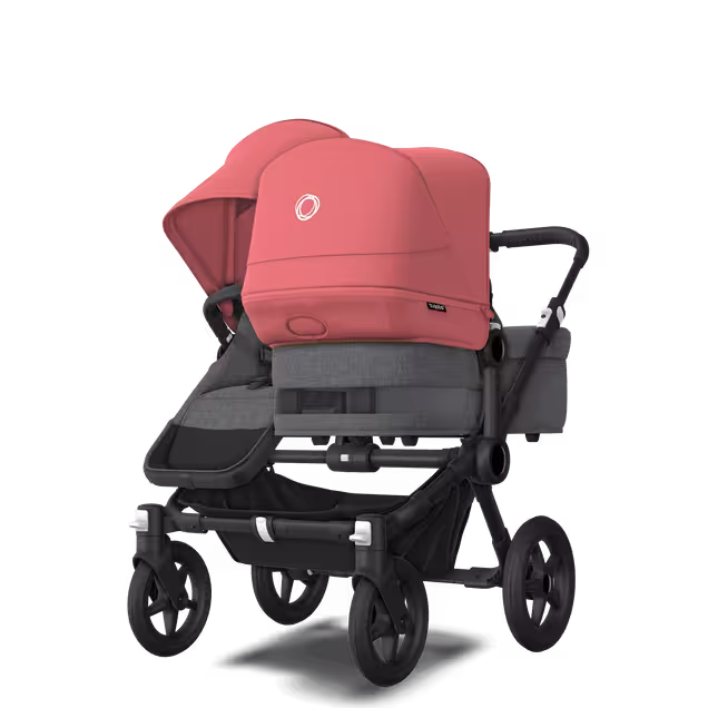Bugaboo Donkey 5 Duo double stroller black base, grey mélange fabrics, sunrise red sun canopy - Main Image Slide 3 of 11
