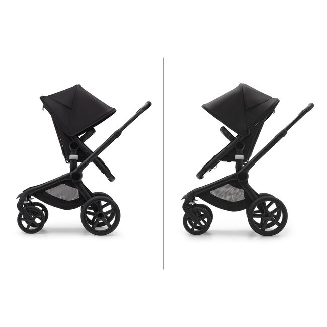 The Bugaboo Fox 5's reversible seat in two positions: facing parents or facing the world.