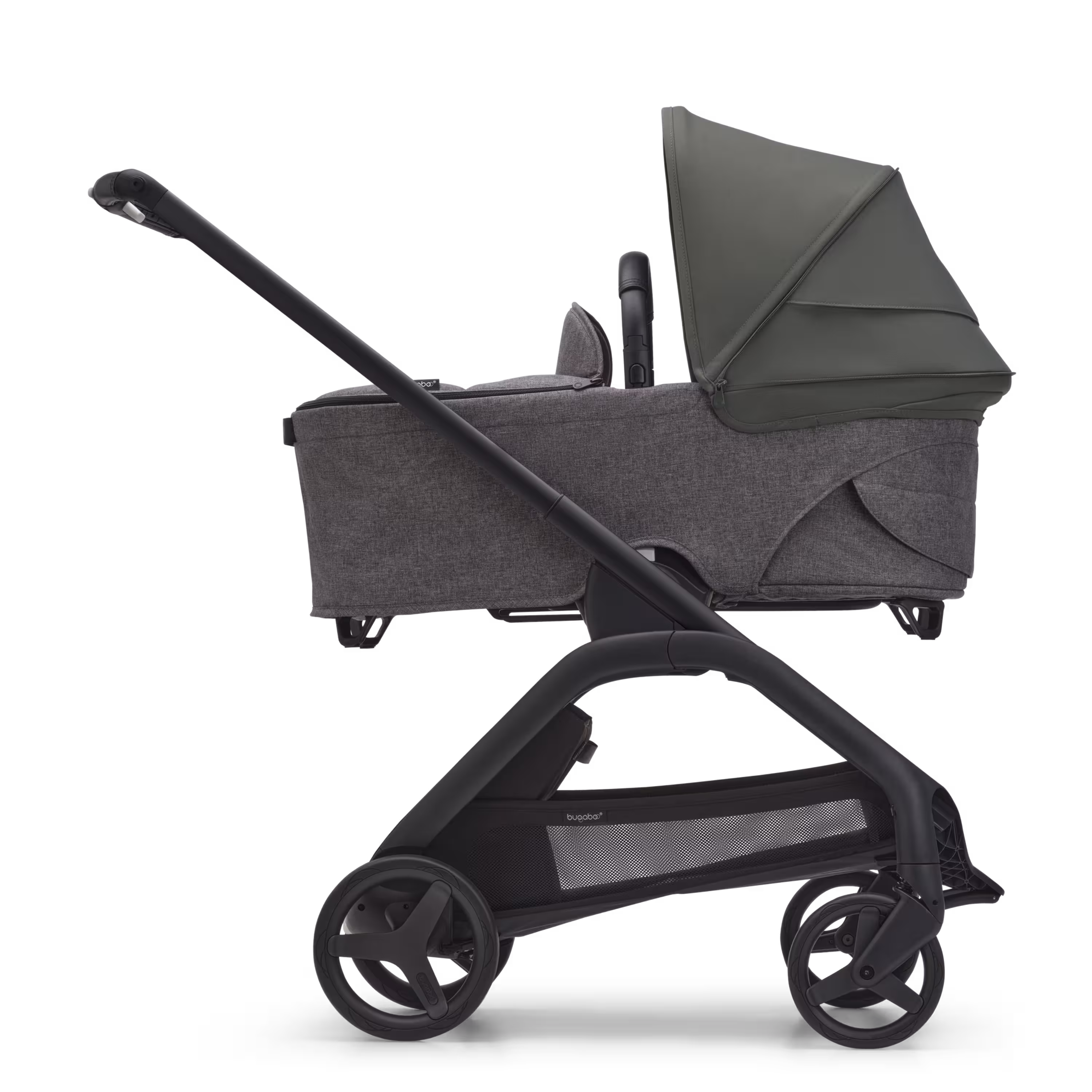 Side view of the Bugaboo Dragonfly bassinet stroller with black chassis, grey melange fabrics and forest green sun canopy. - Main Modal Image Slide 3 of 16