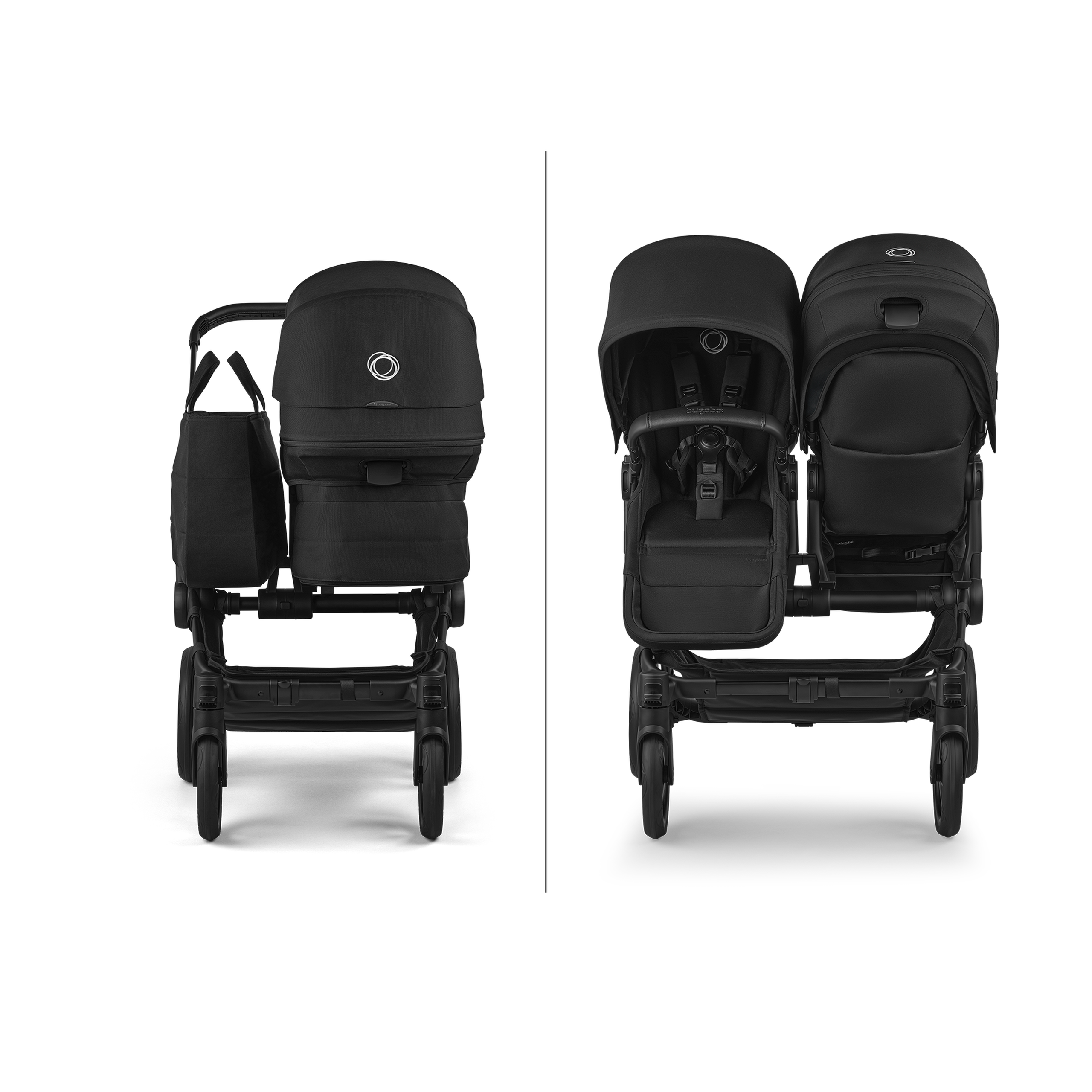 Bugaboo Donkey 6 twin stroller black base, moon grey fabrics, moon grey sun canopy - Thumbnail Slide 5 of 8