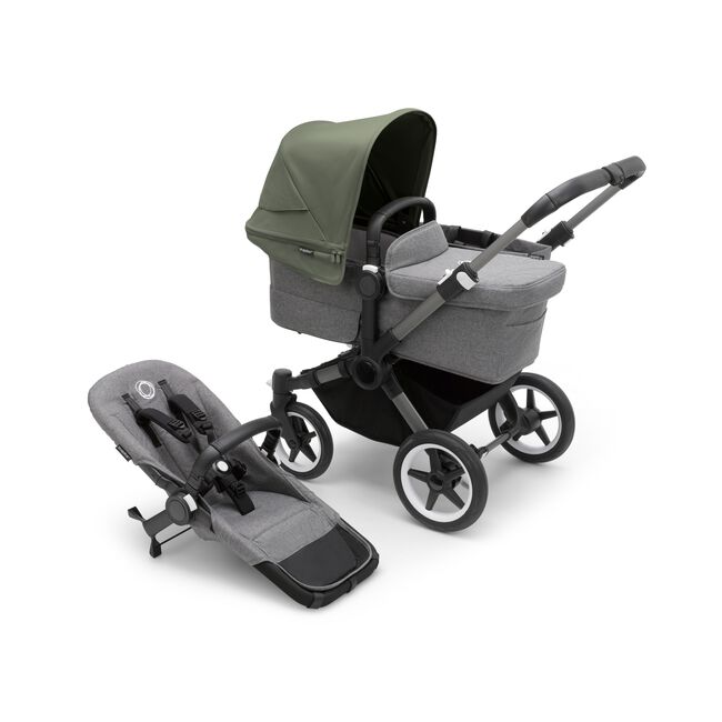 Bugaboo Donkey 5 Mono bassinet stroller with graphite chassis, grey melange fabrics and forest green sun canopy, plus seat. - Main Image Slide 1 of 13