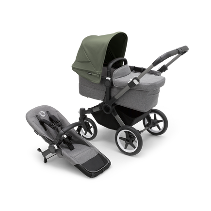 Bugaboo Donkey 5 Mono bassinet stroller with graphite chassis, grey melange fabrics and forest green sun canopy, plus seat. - view 1
