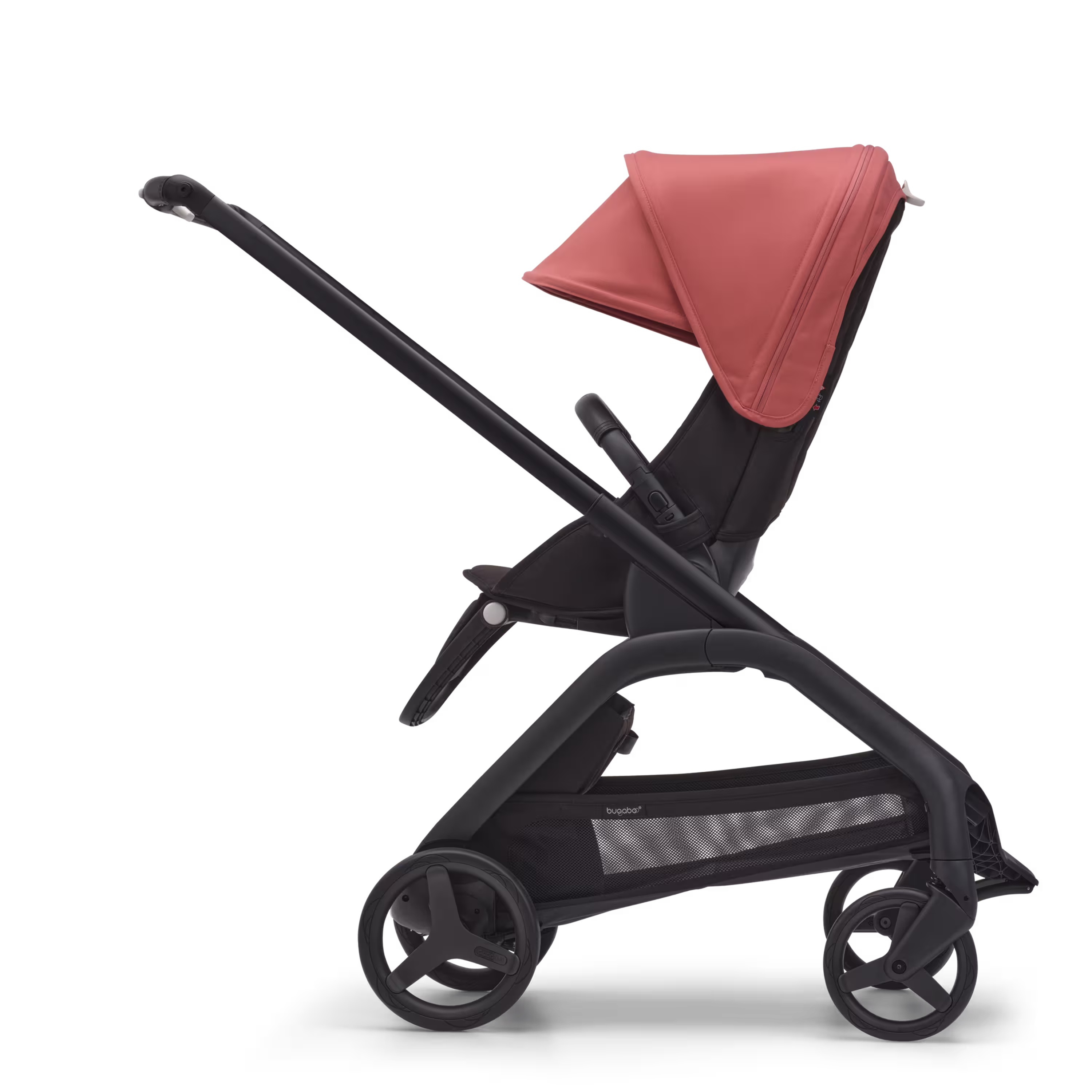 Side view of the Bugaboo Dragonfly seat stroller with black chassis, midnight black fabrics and sunrise red sun canopy. - Main Modal Image Slide 2 of 16