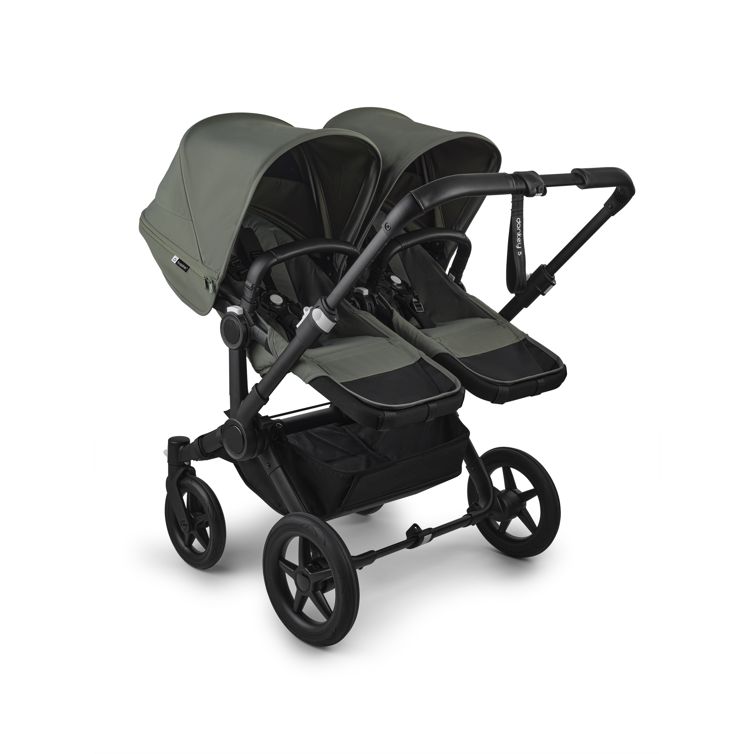 Bugaboo Donkey 5 twin stroller black base, forest green fabrics, forest green sun canopy - Thumbnail Slide 3 of 12