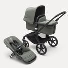 Bugaboo Fox 5 kinderwagen met wieg en stoel met black onderstel, forest green bekleding en forest green zonnekap.