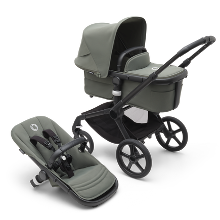 Bugaboo Fox 5 bassinet and seat stroller with black chassis, forest green fabrics and forest green sun canopy.