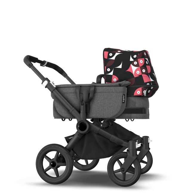 Bugaboo Donkey 5 Mono bassinet and seat stroller black base, grey mélange fabrics, animal explorer pink/ red sun canopy