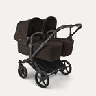 Bugaboo Donkey 6 twin pram black base, cocoa brown fabrics, cocoa brown sun canopy