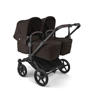 Bugaboo Donkey 6 twin pram black base, cocoa brown fabrics, cocoa brown sun canopy