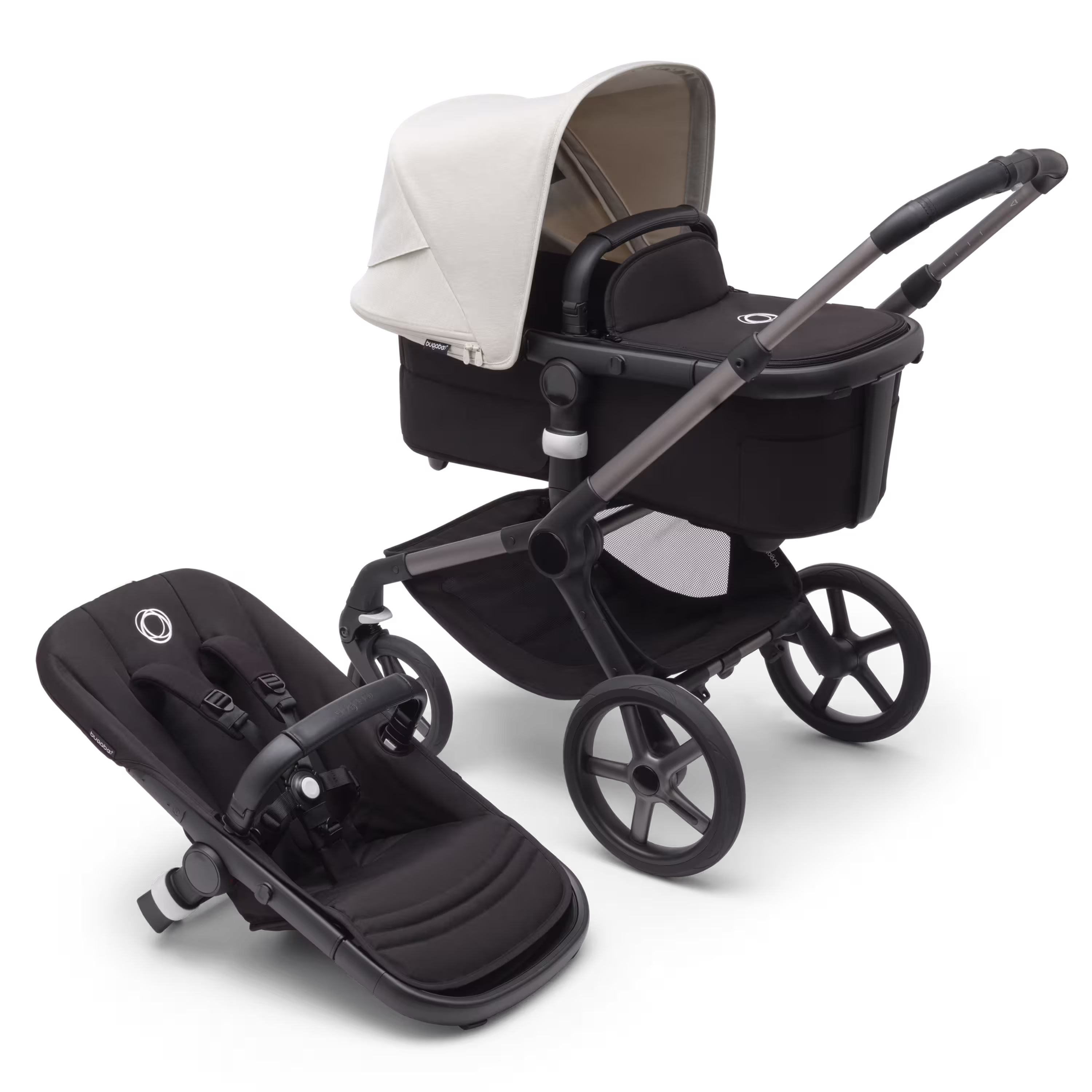Bugaboo Fox 5 carrycot and seat pushchair with graphite chassis, midnight black fabrics and misty white sun canopy. - Main Modal Image Slide 1 of 13