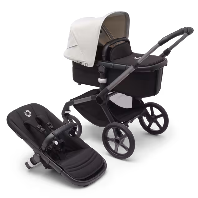 Bugaboo Fox 5 carrycot and seat pushchair with graphite chassis, midnight black fabrics and misty white sun canopy. - Main Image Slide 1 of 13