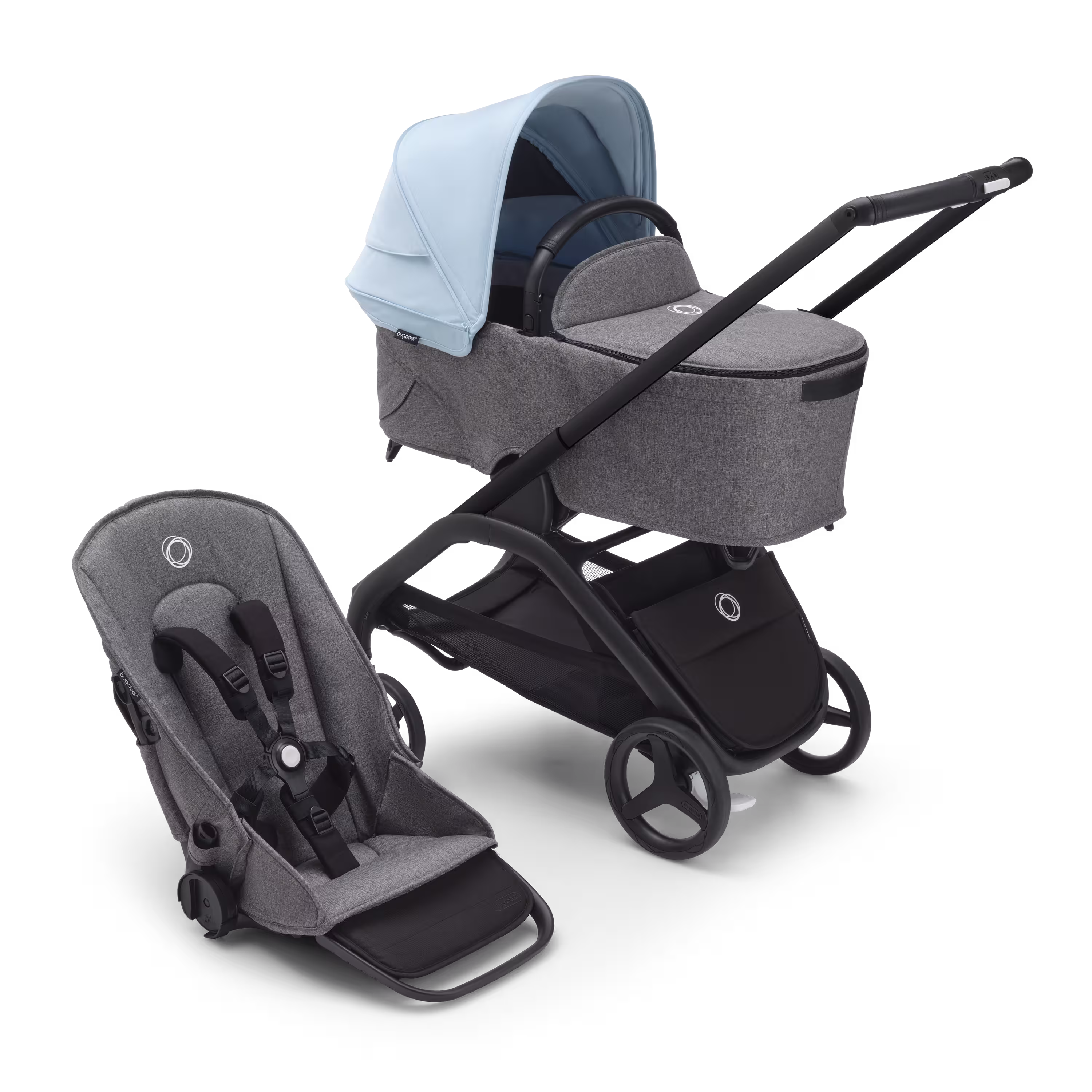 Bugaboo Dragonfly bassinet and seat stroller with black chassis, grey melange fabrics and skyline blue sun canopy. - Main Modal Image Slide 1 of 16