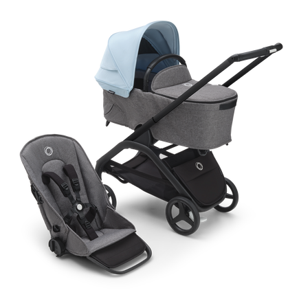 Bugaboo Dragonfly bassinet and seat stroller with black chassis, grey melange fabrics and skyline blue sun canopy.