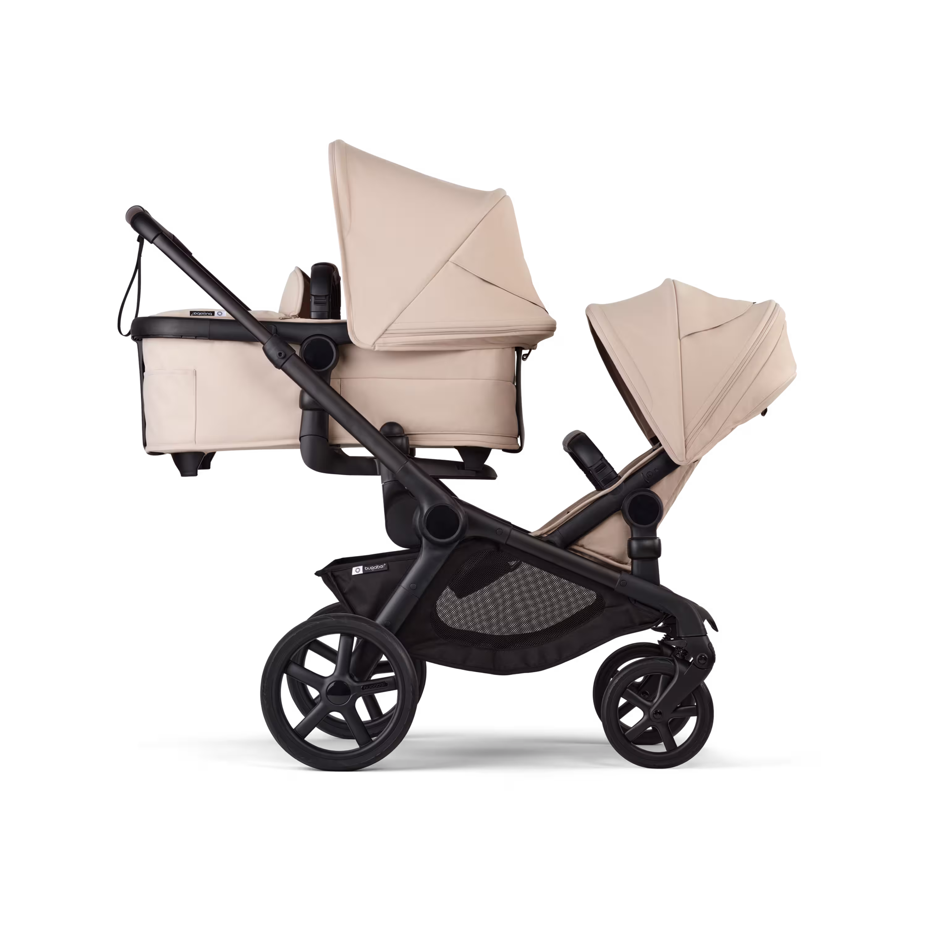 Bugaboo Kangaroo 2-in-1 tandem stroller with one bassinet above and one seat below, with Desert Taupe fabrics and Desert Taupe sun canopies. - Main Modal Image Slide 2 of 18