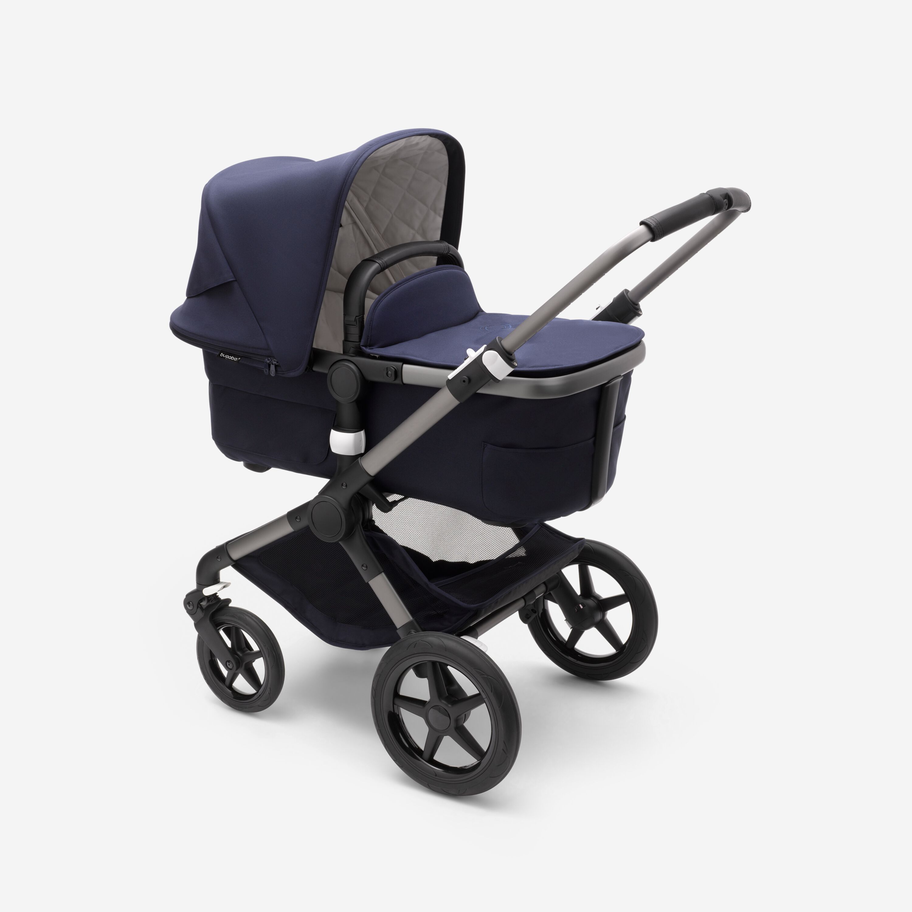 Bugaboo Fox 3 carrcyot pushchair with graphite frame, dark navy fabrics, and dark navy sun canopy. - Main Modal Image Slide 2 of 13