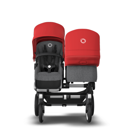 Bugaboo Donkey 3 Duo red sun canopy, grey melange seat, aluminum chassis