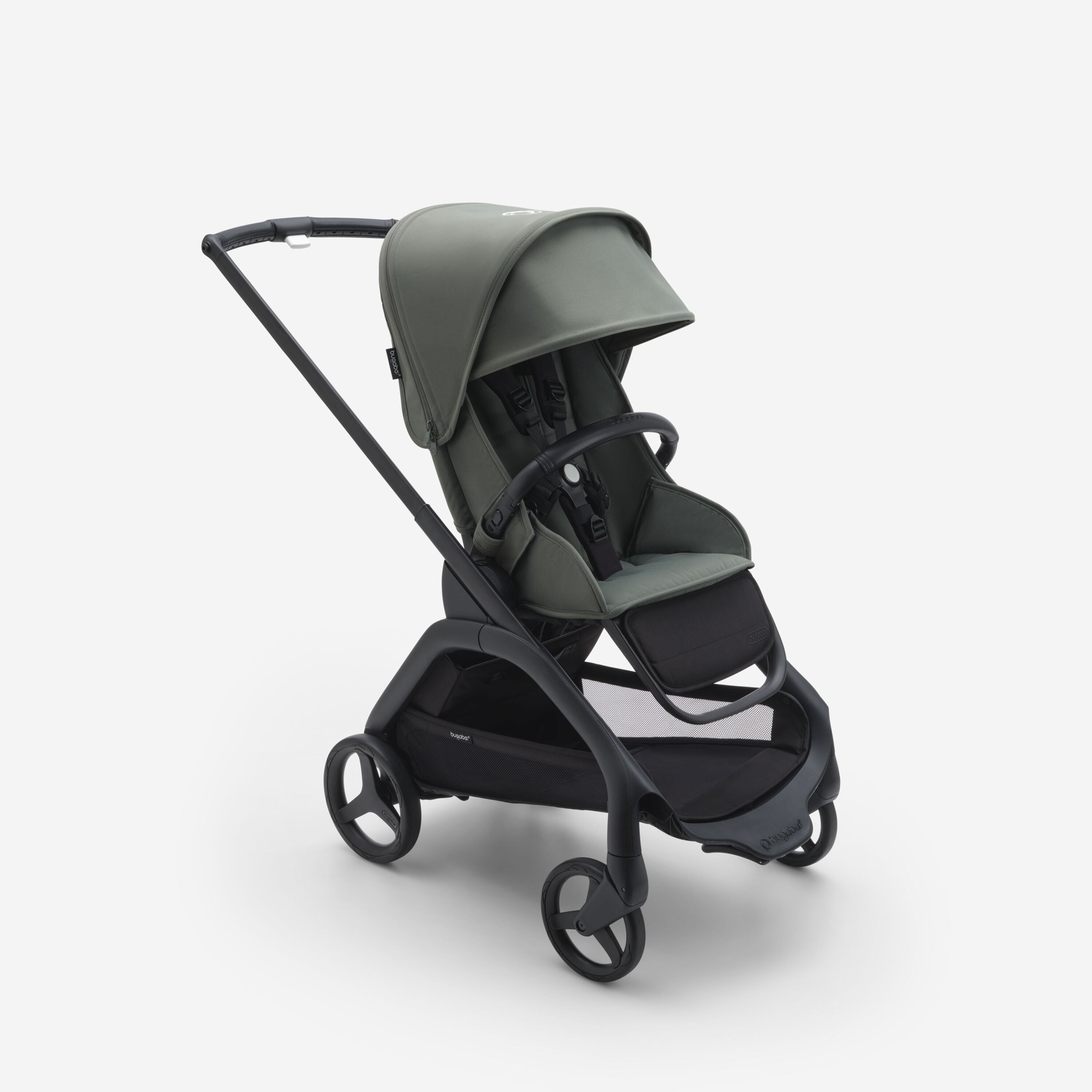 Bugaboo Dragonfly seat stroller with black chassis, forest green fabrics and forest green sun canopy. - Main Modal Image Slide 1 of 16