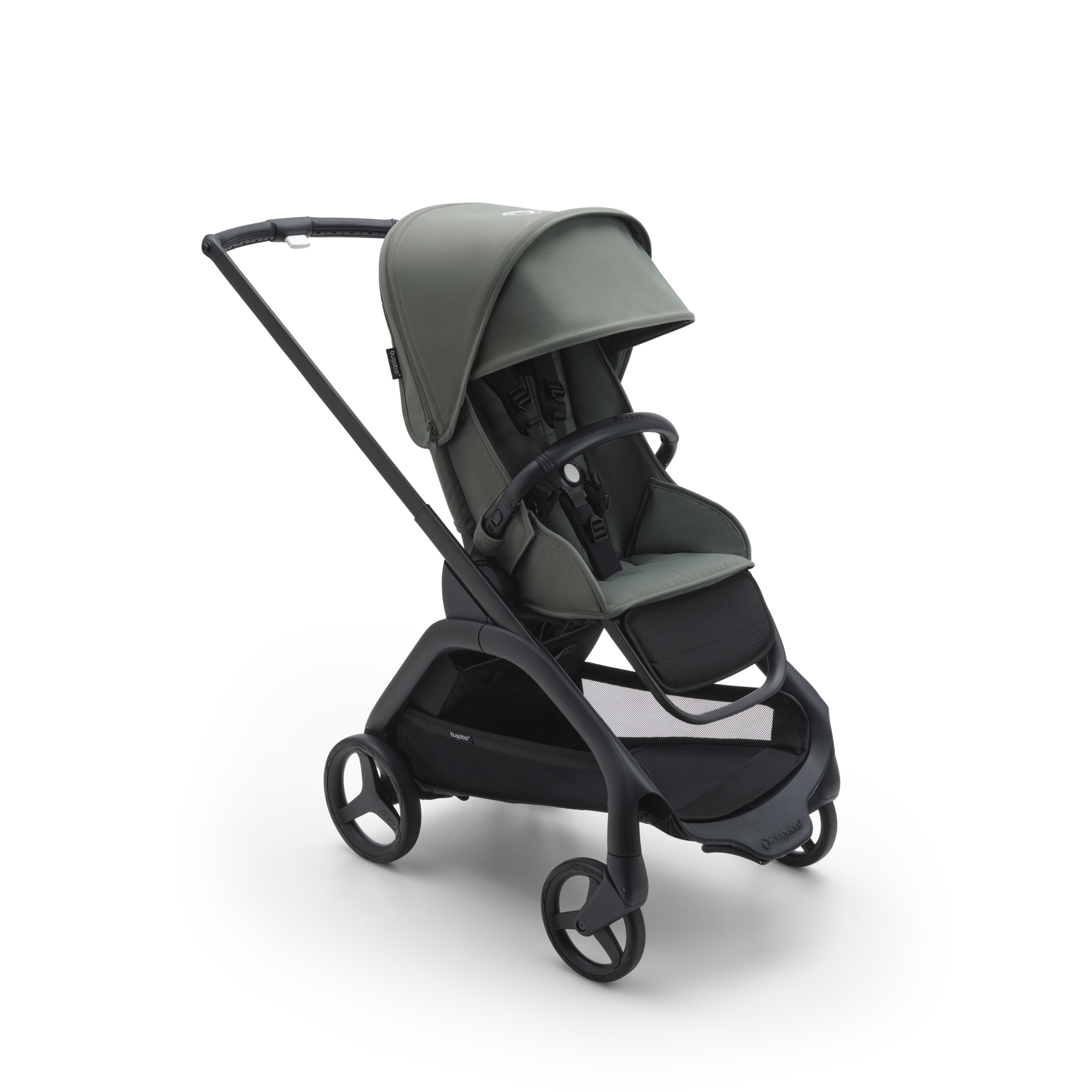 Bugaboo Dragonfly seat stroller with black chassis, forest green fabrics and forest green sun canopy. - Thumbnail Slide 1 of 15