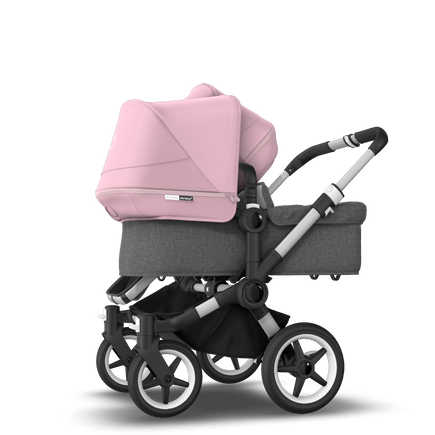Bugaboo Donkey 3 Duo seat and carrycot pushchair soft pink sun canopy, grey melange fabrics, aluminium base