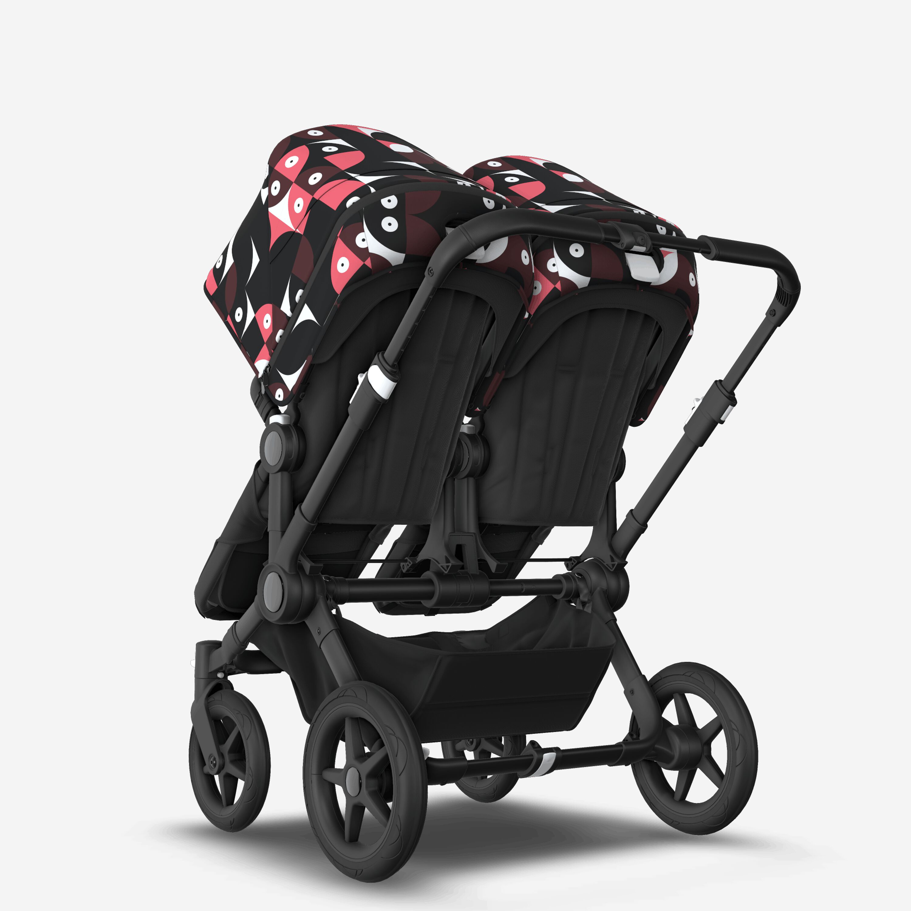 Bugaboo Donkey 5 twin stroller black base, midnight black fabrics, animal explorer pink/red sun canopy - Main Modal Image Slide 3 of 12