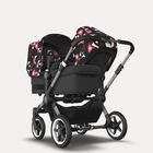 Bugaboo Donkey 5 Duo double stroller graphite base, midnight black fabrics, animal explorer pink/ red sun canopy