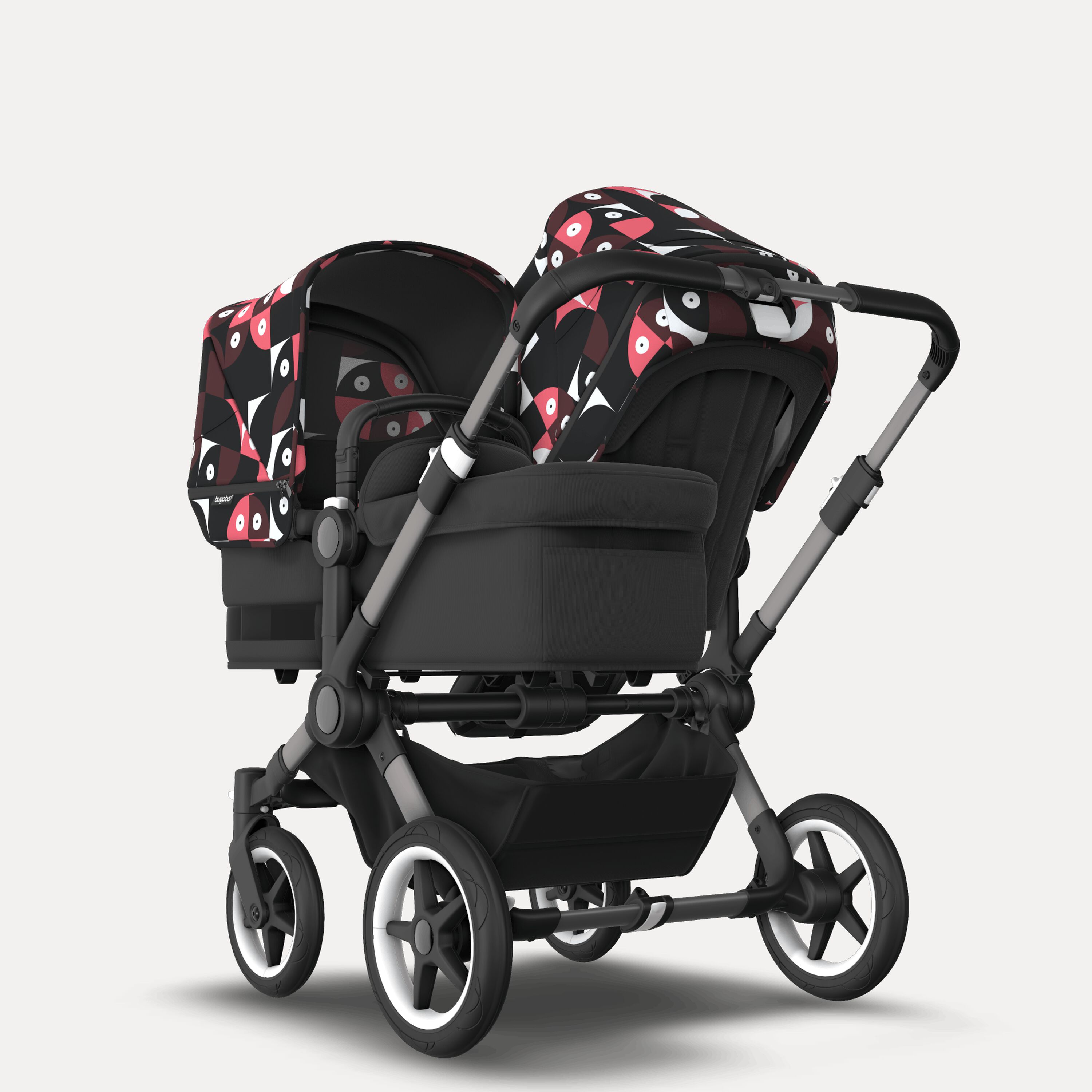 Bugaboo Donkey 5 Duo double stroller graphite base, midnight black fabrics, animal explorer pink/ red sun canopy - Main Modal Image Slide 1 of 10
