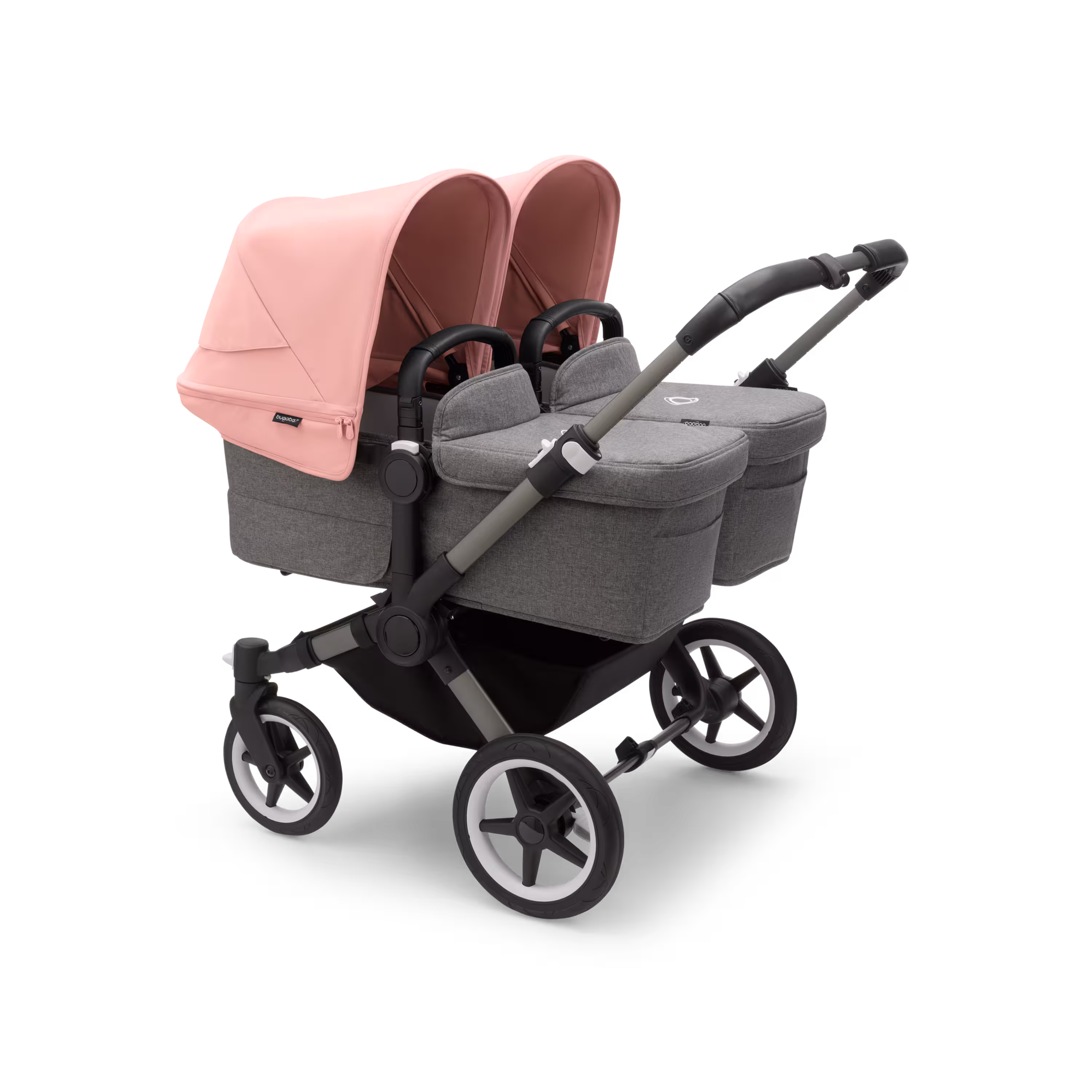 Bugaboo Donkey 5 twin stroller graphite base, grey mélange fabrics, morning pink sun canopy - Main Modal Image Slide 1 of 10
