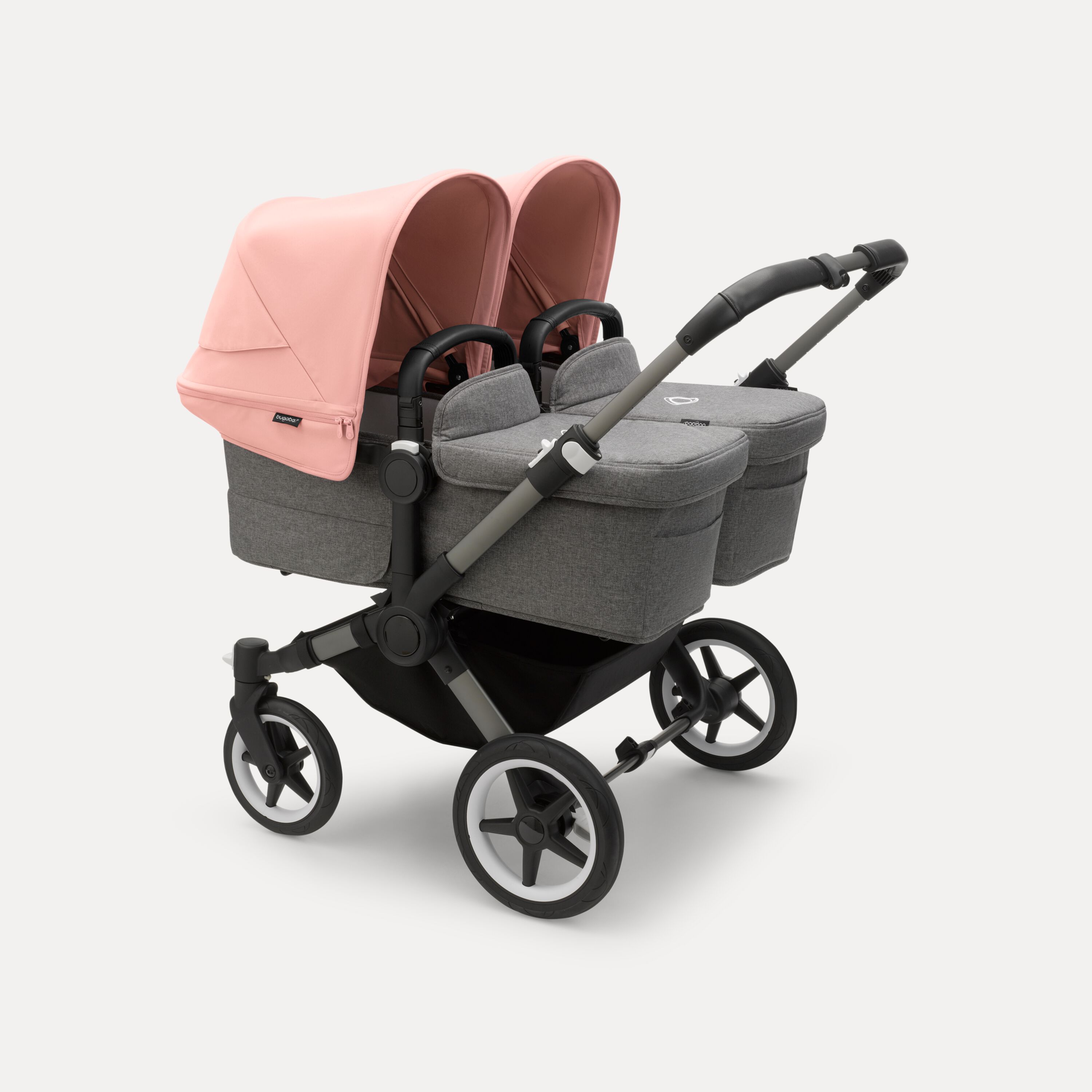 Bugaboo Donkey 5 twin stroller graphite base, grey mélange fabrics, morning pink sun canopy - Main Modal Image Slide 1 of 10