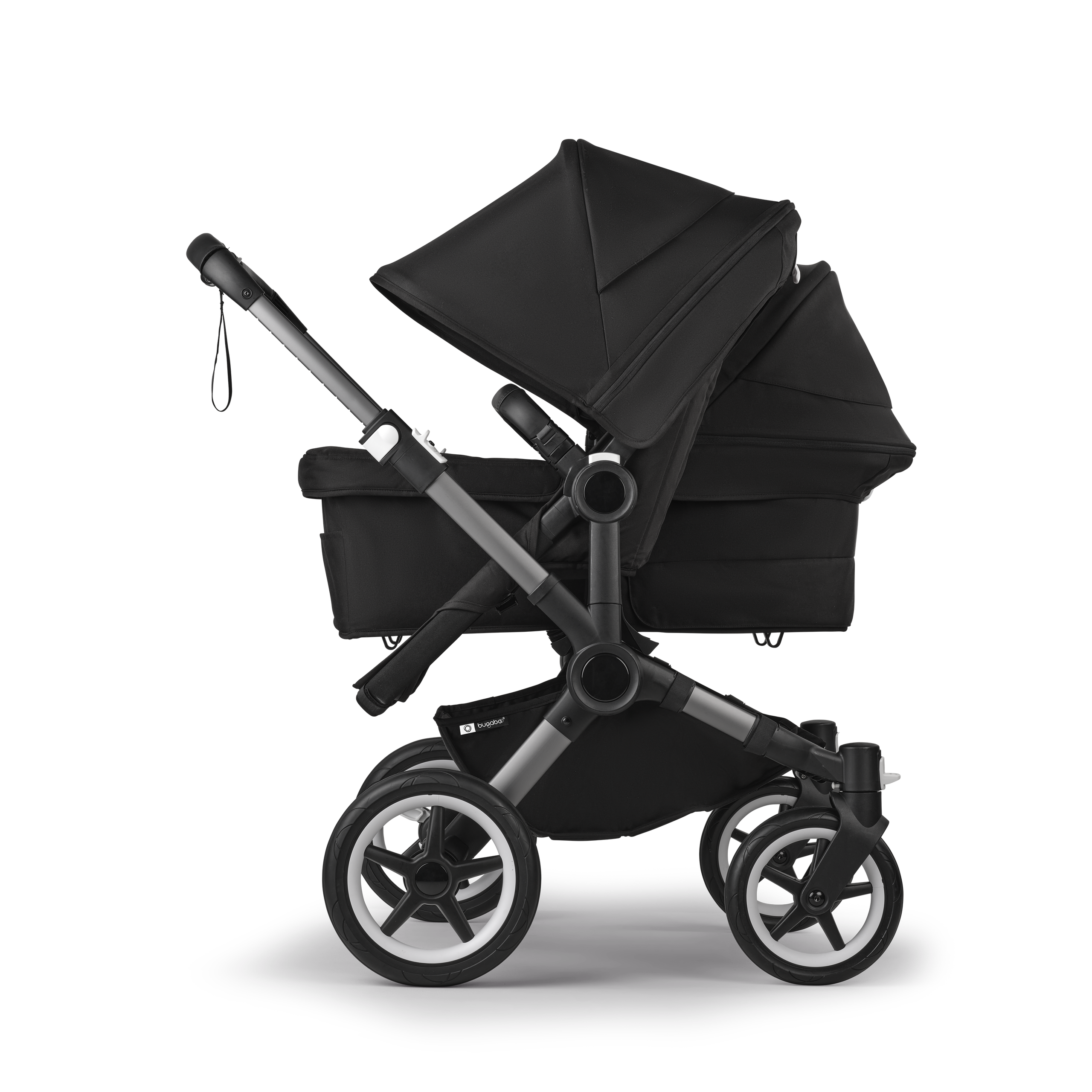 Bugaboo Donkey 5 Duo double stroller graphite base, midnight black fabrics, midnight black sun canopy - Thumbnail Slide 2 of 11
